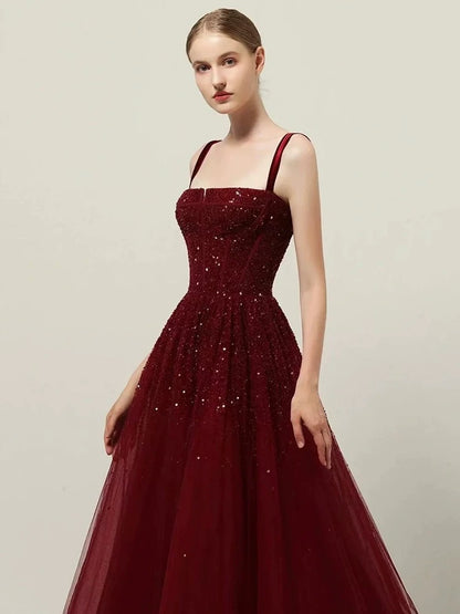 Retro A line Straps Sequin Burgundy Long Party Dress Prom Dresses SD1503