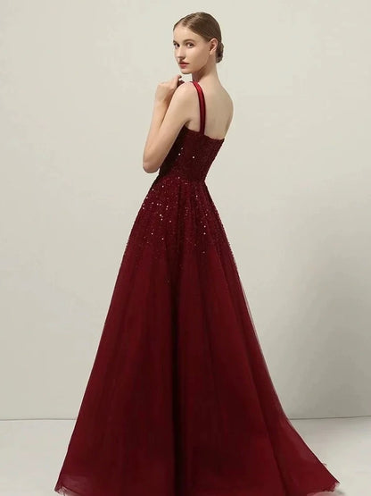 Retro A line Straps Sequin Burgundy Long Party Dress Prom Dresses SD1503