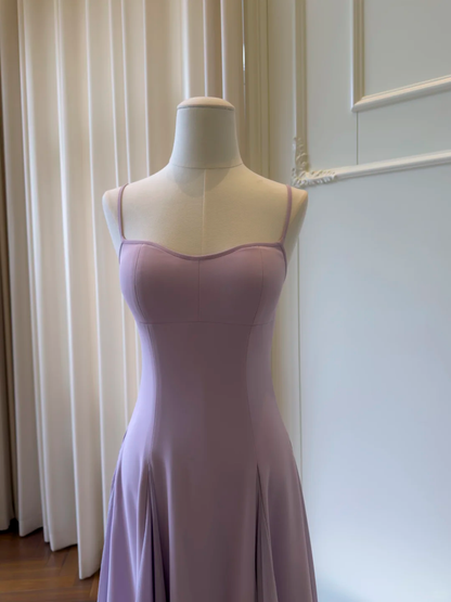 Elegant Spaghetti Straps Purple Satin A Line Long Prom Dress Evening Gown D2987