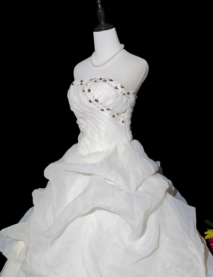 Pretty White Strapless Ball Gown Tulle Pleated Beaded Long Wedding Dress Bridal Dress D2368