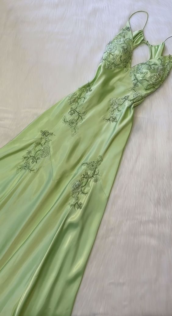 Vintage Green Mermaid Satin Beaded Sequin Evening Dress,Spaghetti Strap Long Prom Dress Y8556