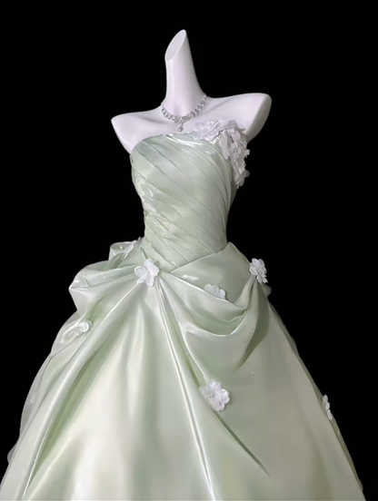 Glamorous Green Strapless Tulle Pleated Appliques Long Party Dress Birthday Prom Gown D4171