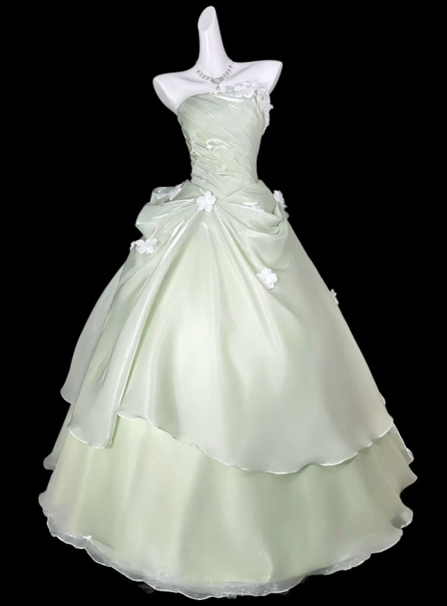 Glamorous Green Strapless Tulle Pleated Appliques Long Party Dress Birthday Prom Gown D4171