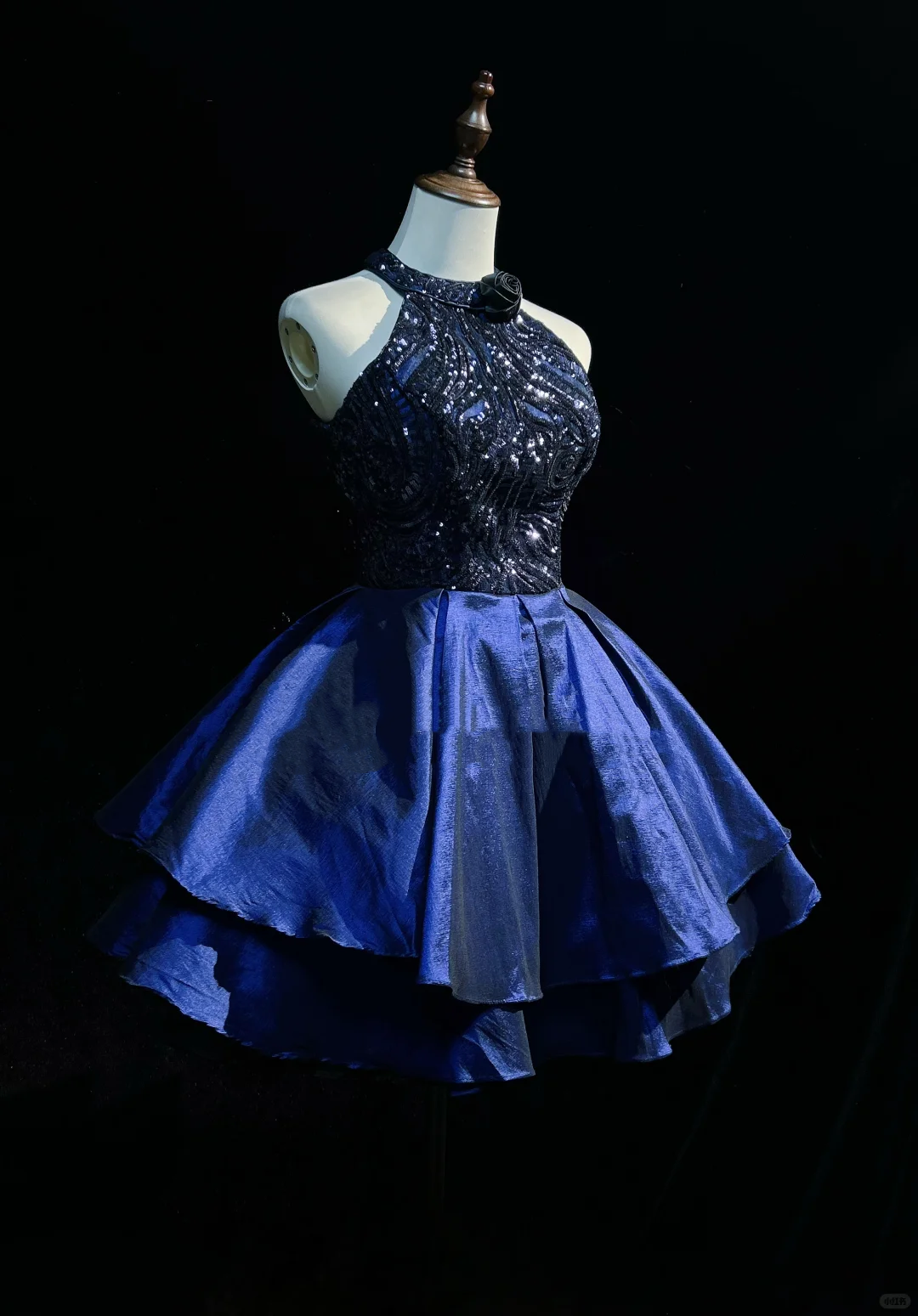 Fashion Halter Navy Blue Satin Sequin A Line Short Homecoming Dress Birthday Outfits D3355