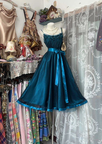 Vintage Spaghetti Straps Sapphire Blue Satin Tulle A Line Short Homecoming Dress Cocktail Dress D2880
