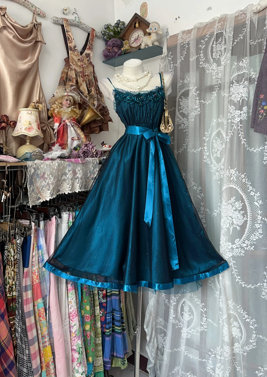 Vintage Spaghetti Straps Sapphire Blue Satin Tulle A Line Short Homecoming Dress Cocktail Dress D2880