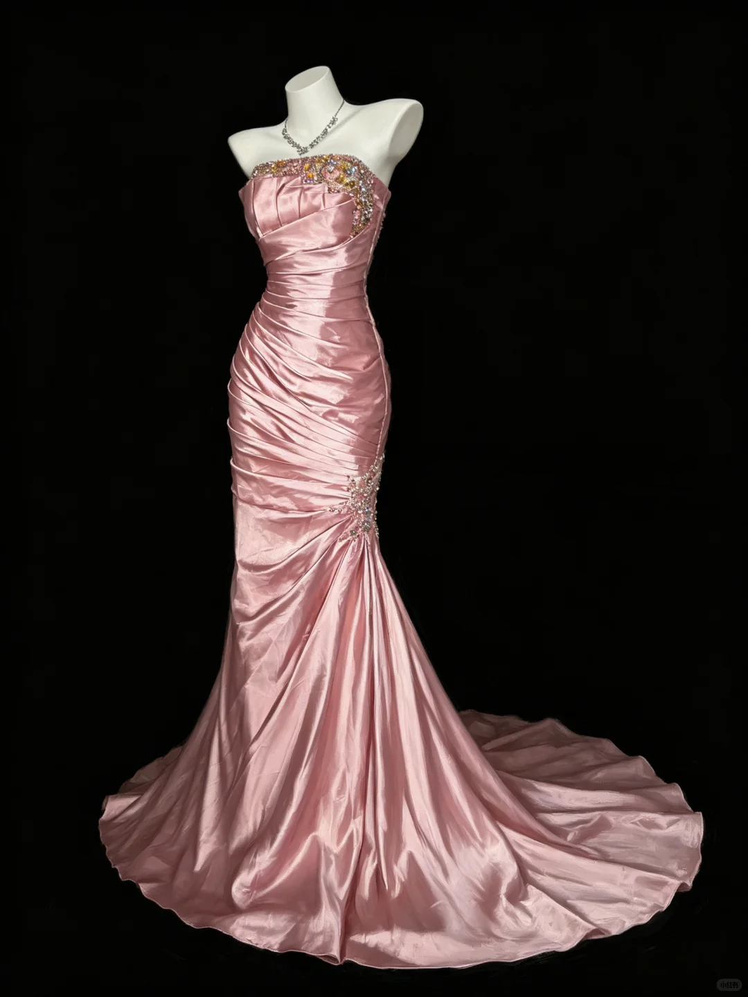 Elegant Pink Strapless Satin Beaded Mermaid Long Prom Dress Evening Dress D5224