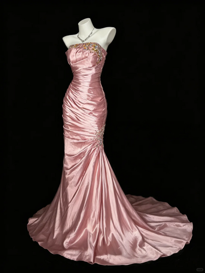 Elegant Pink Strapless Satin Beaded Mermaid Long Prom Dress Evening Dress D5224