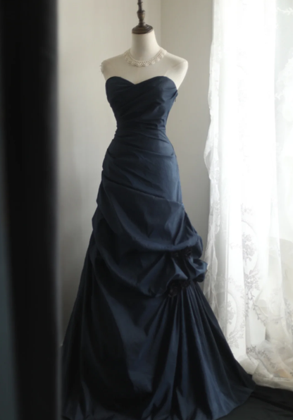 Vintage Navy Blue Strapless Satin Pleated Mermaid Long Evening Dress Birthday Prom Dress D2328
