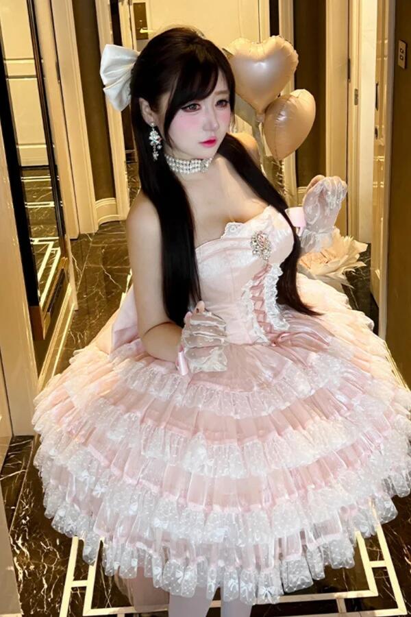 Sweet Pink Tulle Lace Layered A Line Short Homecoming Dress Birthday Outfits With Bow D3859