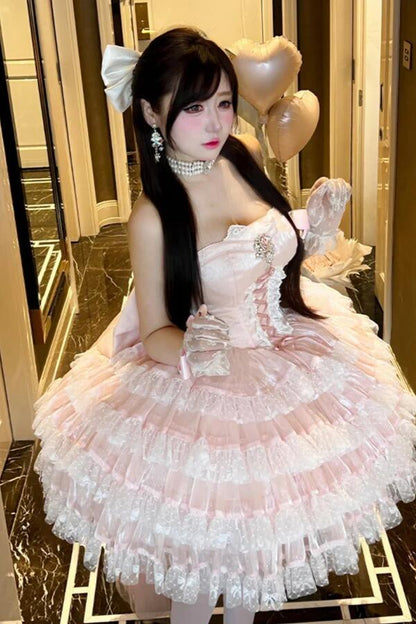 Sweet Pink Tulle Lace Layered A Line Short Homecoming Dress Birthday Outfits With Bow D3859