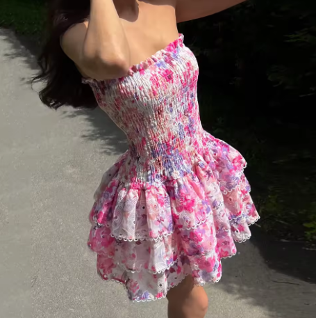 Pretty Pink Print Floral Layered A Line Mini Prom Dress Strapless Graduation Homecoming Dress S467