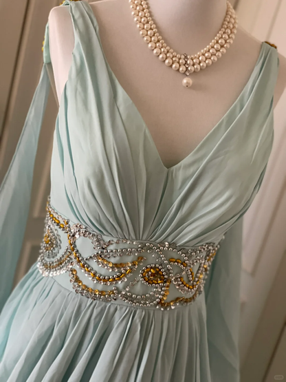 Elegant Blue V Neck Chiffon Beaded Long Evening Dress Prom Gown D3091