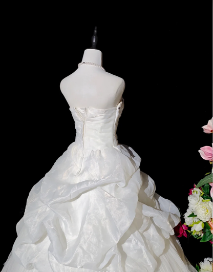 Pretty White Strapless Ball Gown Tulle Pleated Beaded Long Wedding Dress Bridal Dress D2368