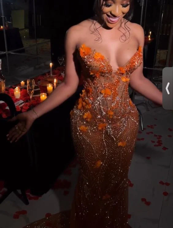 Classy Mermaid Sweetheart Orange Tulle Sequin Evening Gowns Long Prom Dress S2702