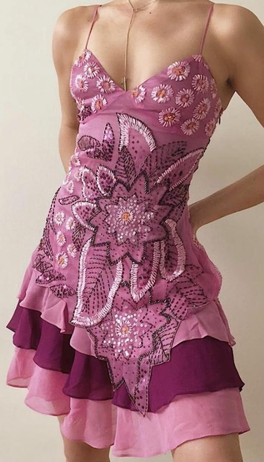 Vintage Spaghetti Straps Pink Chiffon Sequin Beaded Short Graduation Homecoming Dress D3545