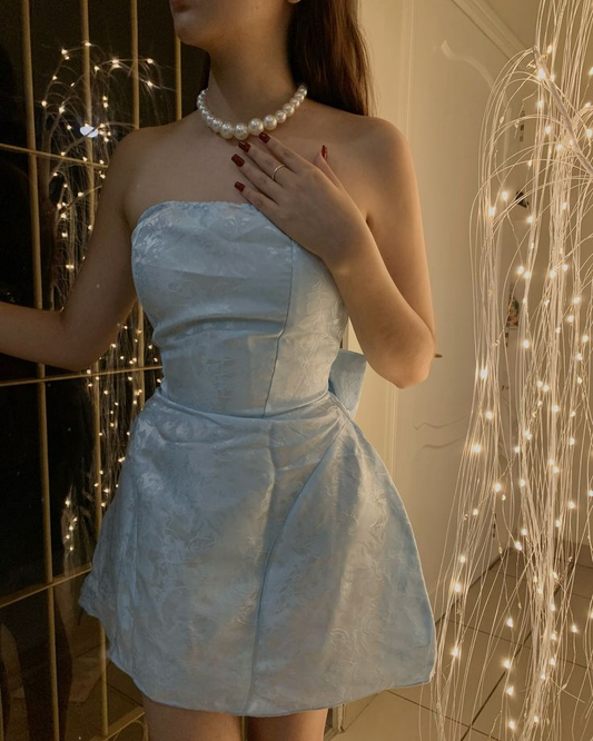 Cute Strapless Blue Satin Print Floral A Line Short Homecoming Dress Birthday Outfits With Bow D2829