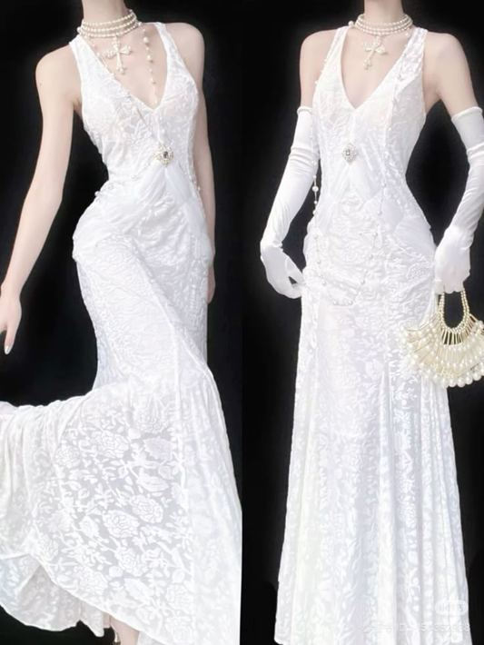 Classy V Neck White Lace Mermaid Long Evening Dress Party Gown D1980