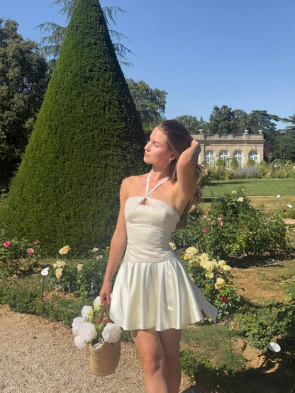 Classy Halter Satin A Line Short Prom Dress,White Short 7th Grade Homecoming Dress D4097