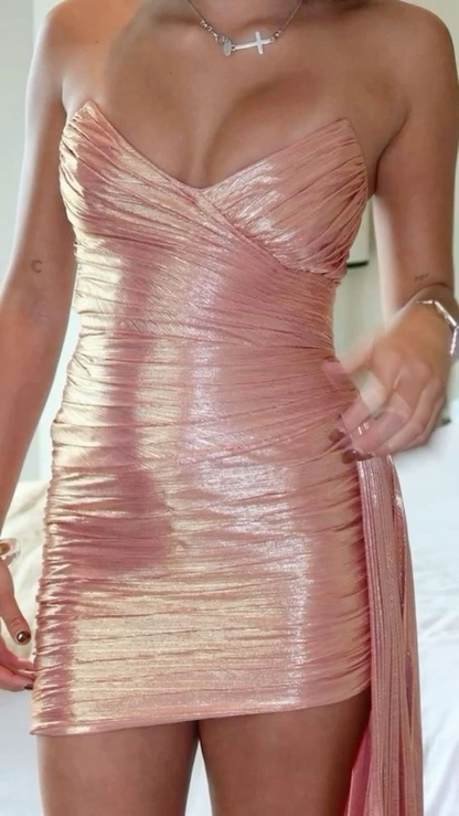 Gorgeous Pink Strapless Satin Pleated Homecoming Dress Short Birthday Outfits Cocktail Dress S369