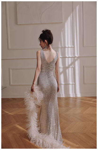 Glitter V Neck Silver Sequin Slit Mermaid Long Evening Dress Birthday Dress D2420