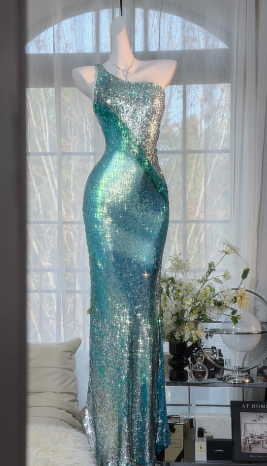 Glitter One Shoulder Blue Sequin Mermaid Long Evening Dress Birthday Party Dress D2379