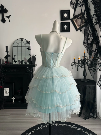 Cute Spaghetti Straps Blue Tulle Sequin Layered Short Graduation Homecoming Dress,Mini Birthday Dress D3719