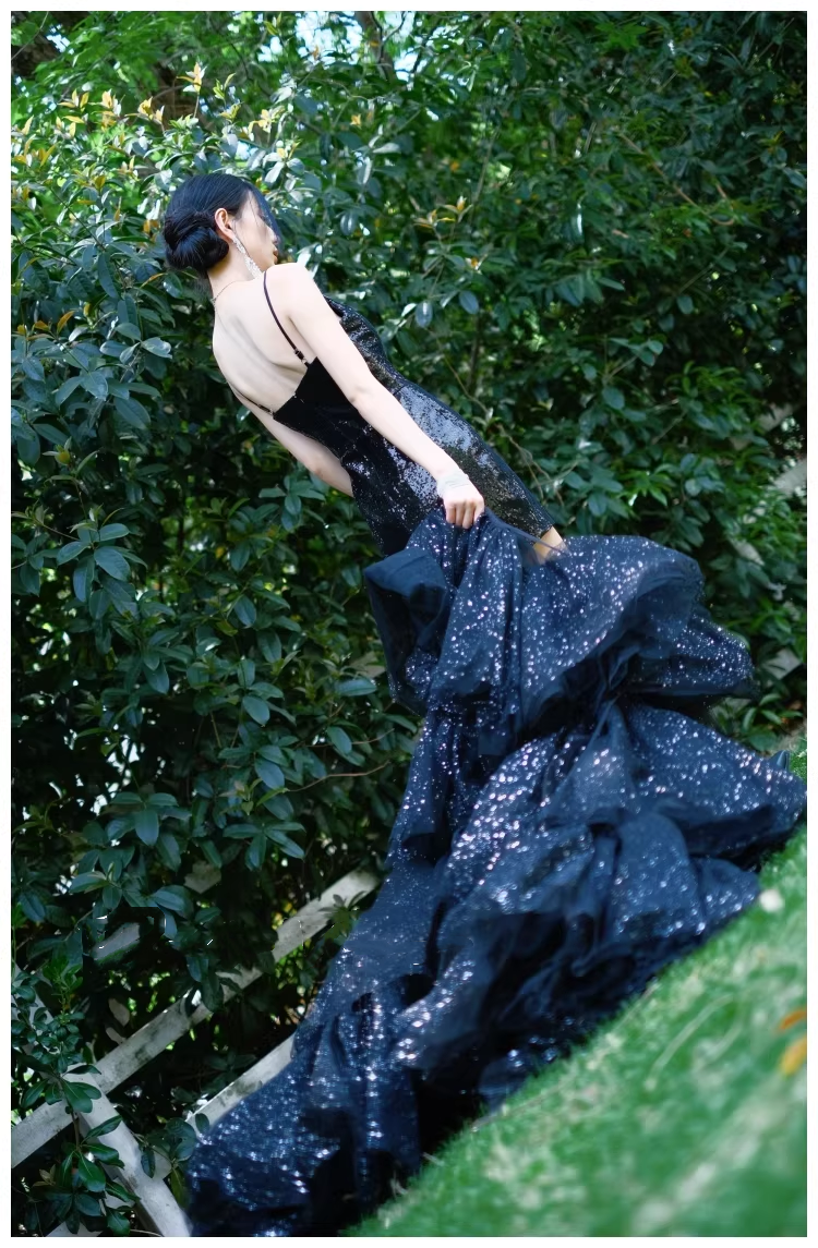 Sparky Black Spaghetti Straps Tulle Sequin Layered Long Birthday Evening Dress Party Dress D2427