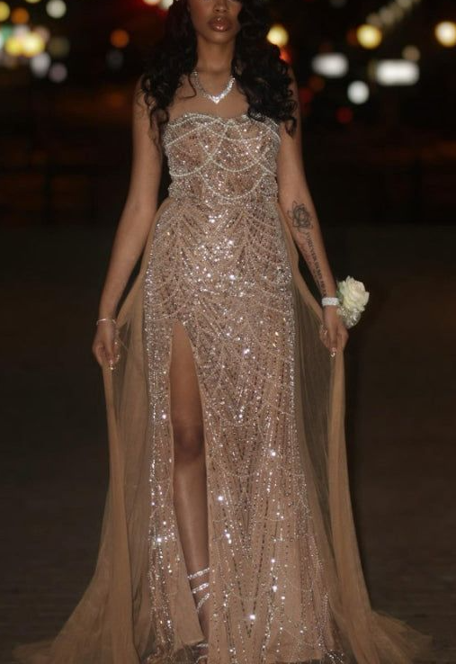 Gorgeous Champagne Strapless Tulle Sequin Slit Mermaid Prom Dress Long Evening Gown D1319