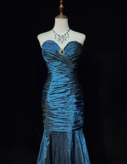 Vintage Strapless Navy Blue Satin Pleated Beaded Mermaid Long Party Dress Evening Dress D1996