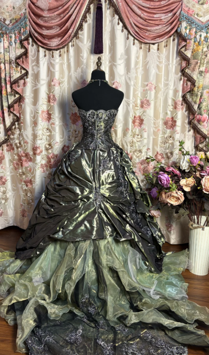 Retro Olive Green Strapless Satin tulle Appliques Beaded Ball Gown Formal Birthday Quinceanera Dress D2190