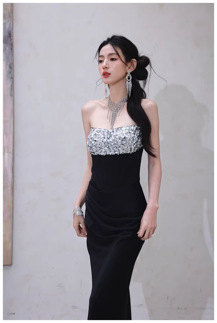 Fashion Black Strapless Satin Sequin Beaded Mermaid Evening Dress Long Wedding Guest Dress D2453