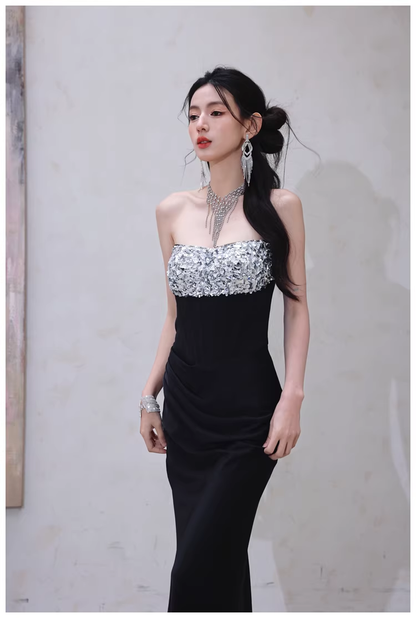 Fashion Black Strapless Satin Sequin Beaded Mermaid Evening Dress Long Wedding Guest Dress D2453