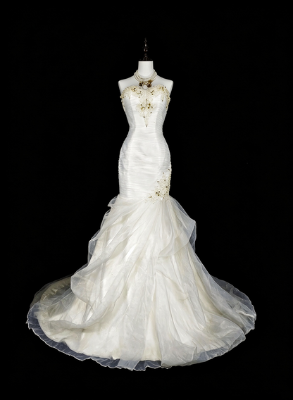 Elegant Strapless White Satin Pleated Tulle Appliques Mermaid Long Wedding Dress D5381