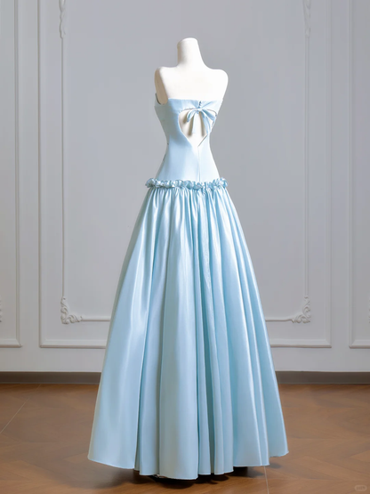 Chic Light Blue Strapless Satin A Line Heart-shaped Backless Long Evening Dress Birthday Prom Dress D2501