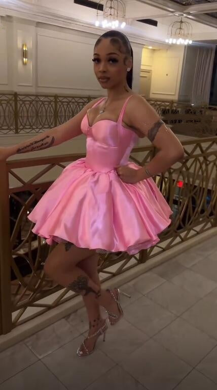 Pretty Spaghetti Straps Satin Short Graduation Homecoming Dress Pink Short Birthday Dress D4452