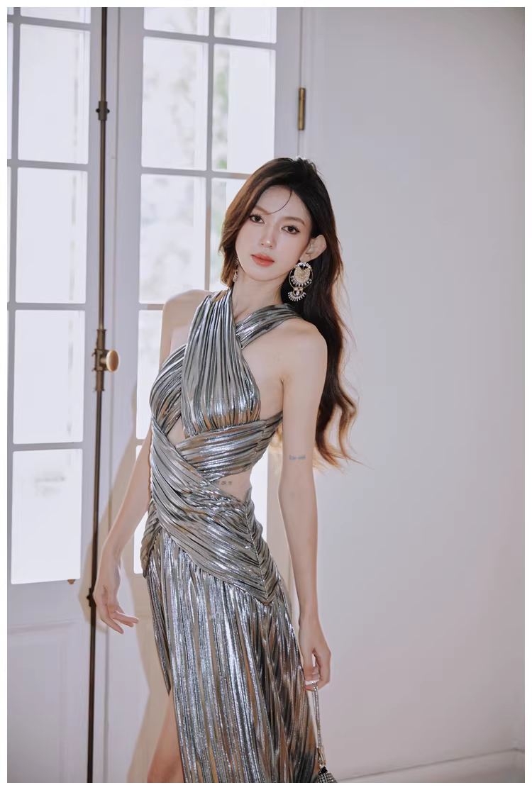 Fashion Silver Gray Satin Pleated High Slit Long Evening Dress Sexy Prom Dress D2429