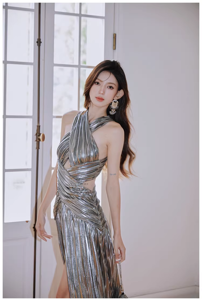 Fashion Silver Gray Satin Pleated High Slit Long Evening Dress Sexy Prom Dress D2429