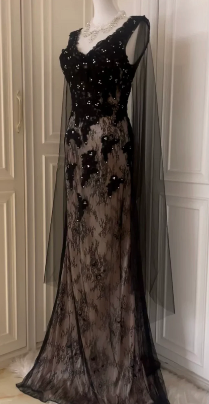 Elegant Black Lace Appliques Beaded Mermaid Evening Dress Long Birthday Prom Gown D3103