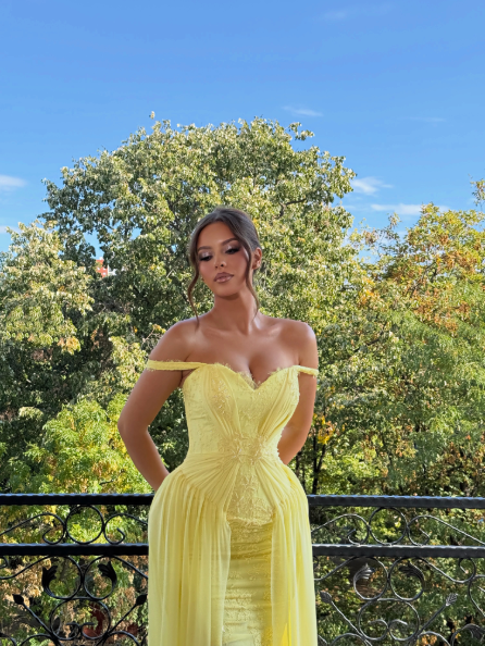 Elegant Yellow Chiffon Lace Evening Dress Off The Shoulder Long Party Gown D5260