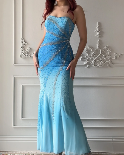 Glamorous Strapless Ombre Blue Chiffon Beaded Mermaid Long Evening Dress Party Gown D5418
