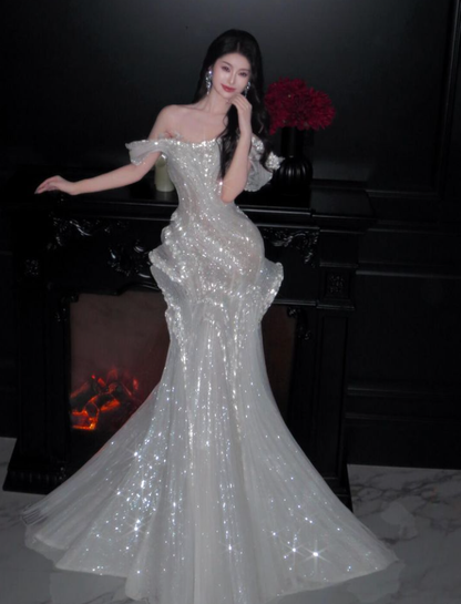 Shiny White Off The Shoulder Tulle Sequin Mermaid Long Wedding Dress D1199