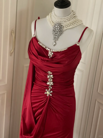 Charming Burgundy Satin Beaded Mermaid Evening Dress,Spaghetti Straps Long Wedding Guest Dress D3110