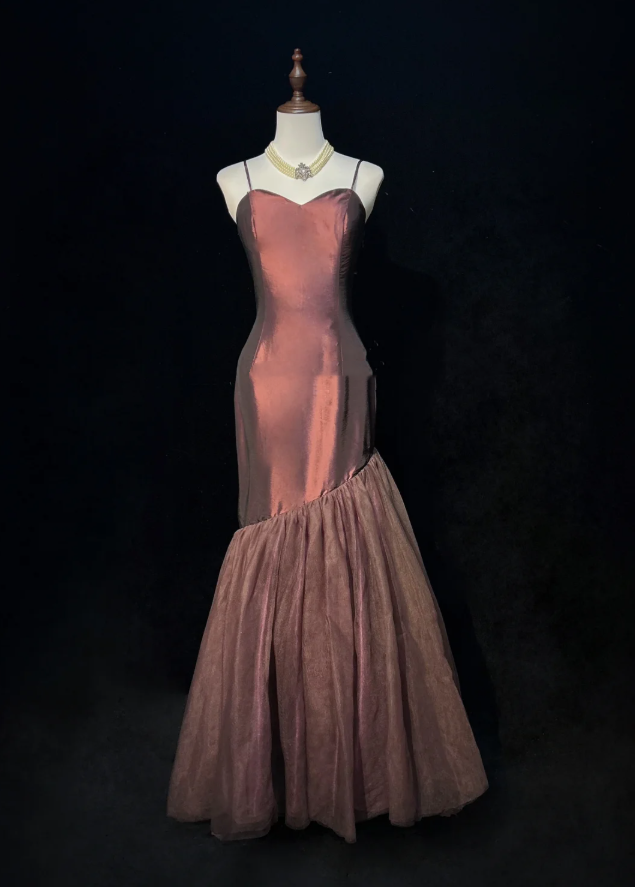 Vintage Spaghetti Straps Dark Burgundy Satin Tulle Mermaid Long Evenng Dress Party Gown Formal Wedding Guest Dress D2074