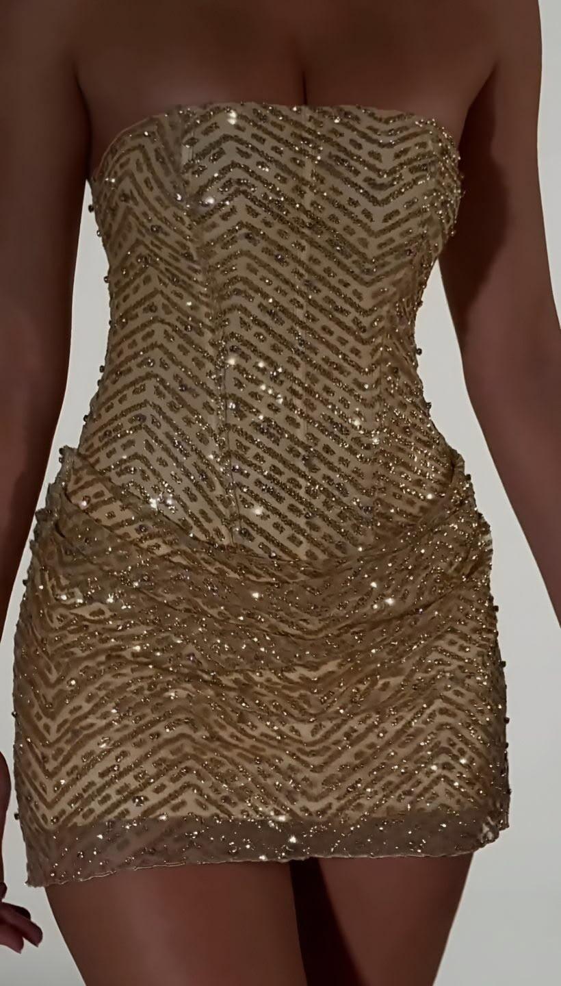 Glitter Champagne Gold Strapless Tulle Sequin Sheath Short Homecoming Dress Cocktail Dress D4113