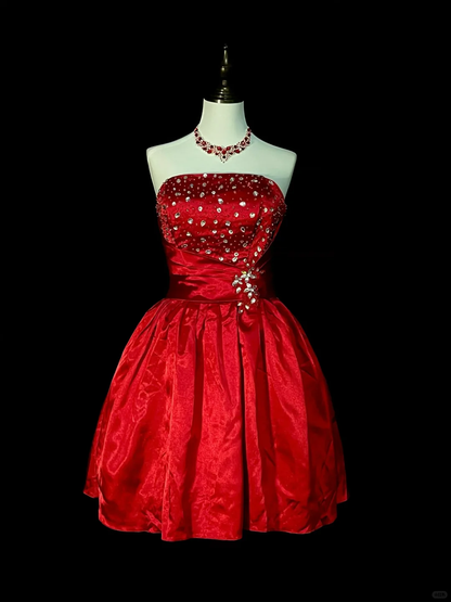 Pretty Strapless Satin Beaded A Line Mini Birthday Prom Dress,Red Short Graduation Homecoming Dress D4077