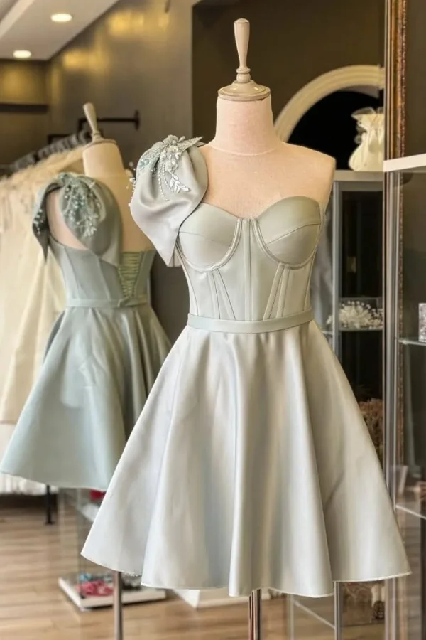 Charming Bow One Shoulder A Line Short 7th Grade  Homecoming Dress White Formal 21st Birthday Outfits D545