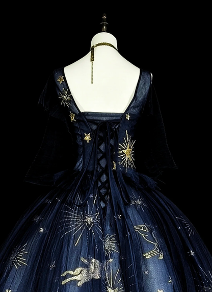 Elegant Navy Blue Tulle Star Moon Sequin Long Evening Dress Party Dress D5380