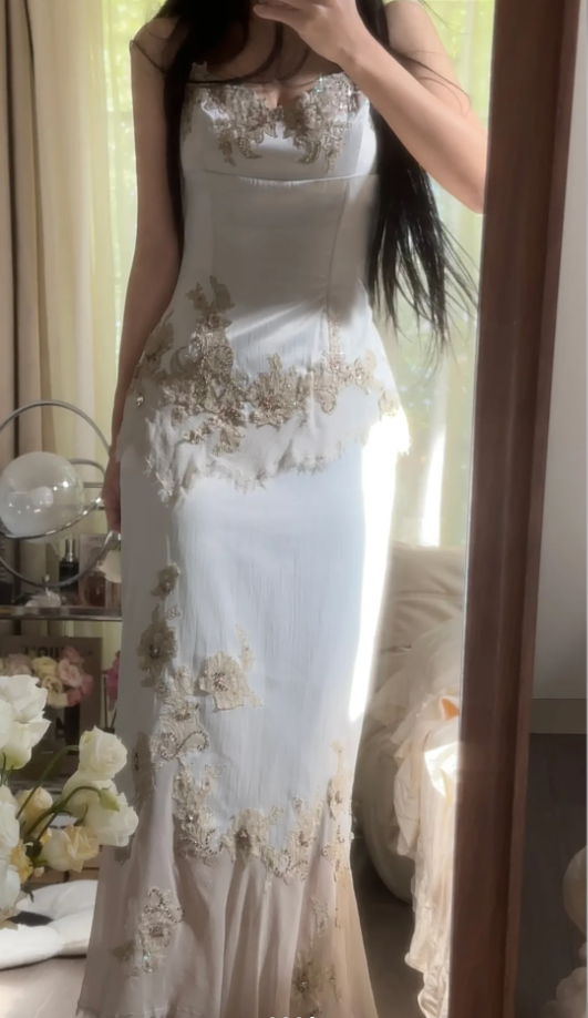 Vintage White Satin Appliques Chiffon Mermaid Long Birthday Prom Dress Party Gown D2303