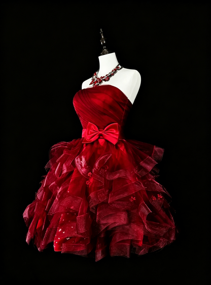 Chic Strapless Red Satin Tulle Beaded A Line Short Birthday Dress,Mini Prom Dress D4069
